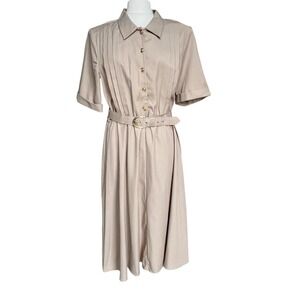 Khaki Tan Button Up Shirtdress Belted Dress Womens Size 16 Safari Vintage Preppy